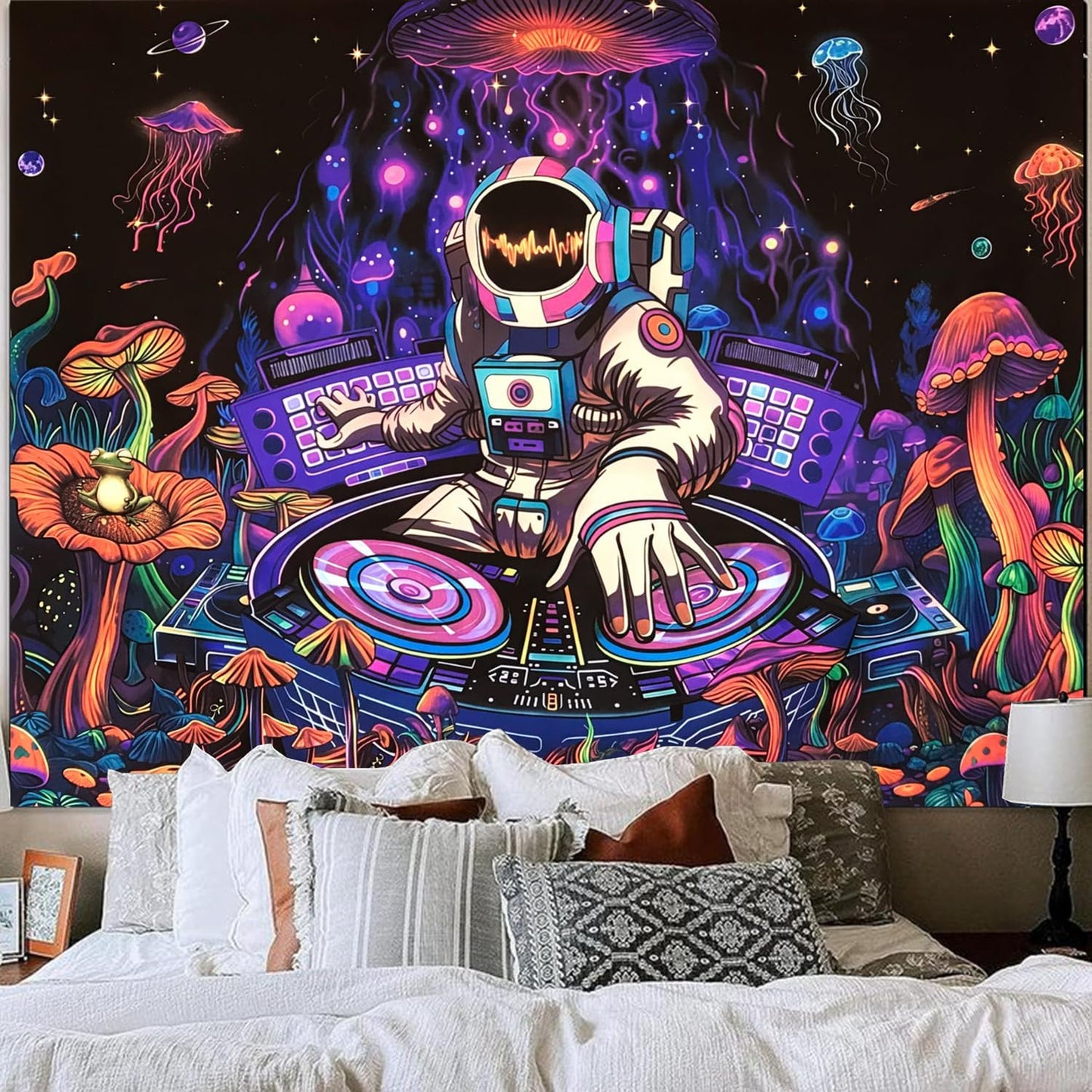 Blacklight Astronaut Tapestry Glow In The Dark Funny DJ Music Tapestry UV Reactive Space Galaxy Planet Mushroom Floral Jellyfish Frog Tapestries Wall Hanging for Home Dorm Living Room Decor W59×H51