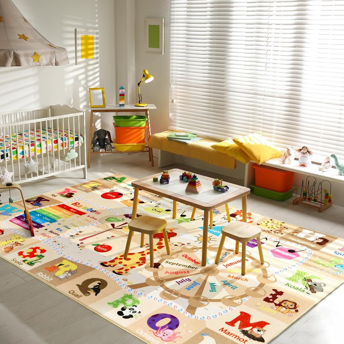 6x9 Playroom Rugs for Kids Washable, Educational and Fun Playmat with ABC Alphabet Animals Shapes Colors, Non-Slip Play Mat Learning Rugs for Baby Toddler Children Game Activity，Beige, Pink