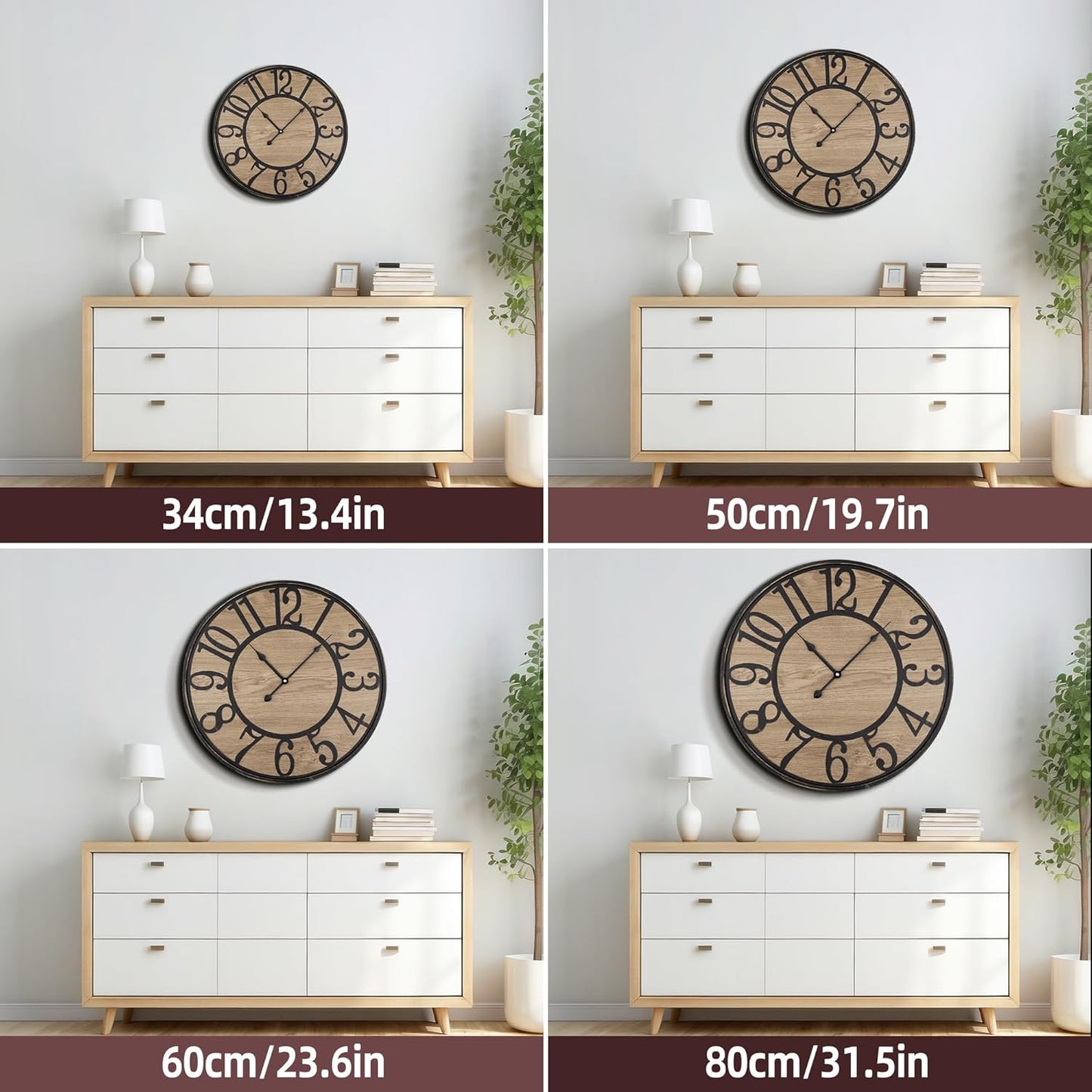 Large Wall Clock for Living Room Decor, Non Ticking Silent, Battery Operated Modern Vintage Wood Wall Clock Oversized Decorative Wall Clock for Bedroom Kitchen Farmhouse Office Decor
