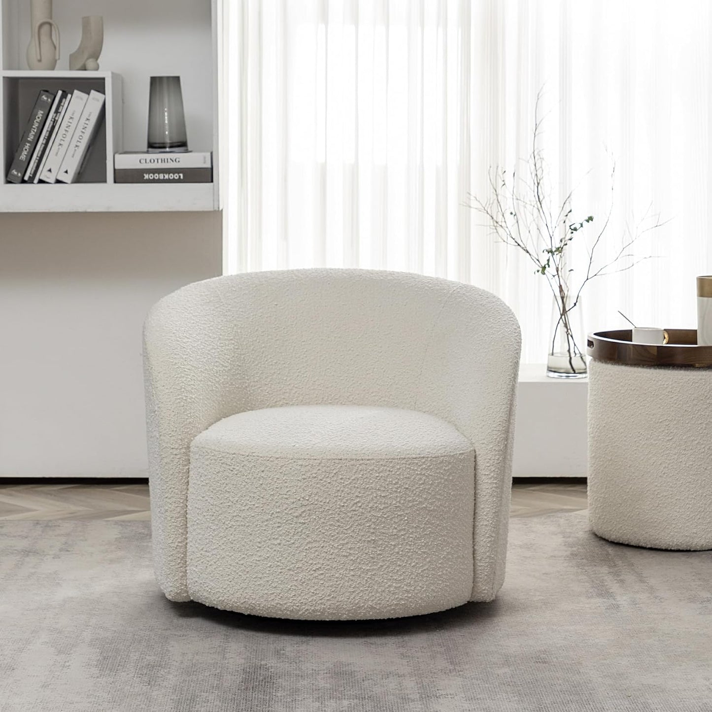 KINWELL 34" W Mid Century Modern Swivel Barrel Chair, Round Upholstered Boucle Swivel Accent Chairs, No Assembly Sofa Chair for Living Room Bedroom Reading Apartment Lounge Nursery(Cream)