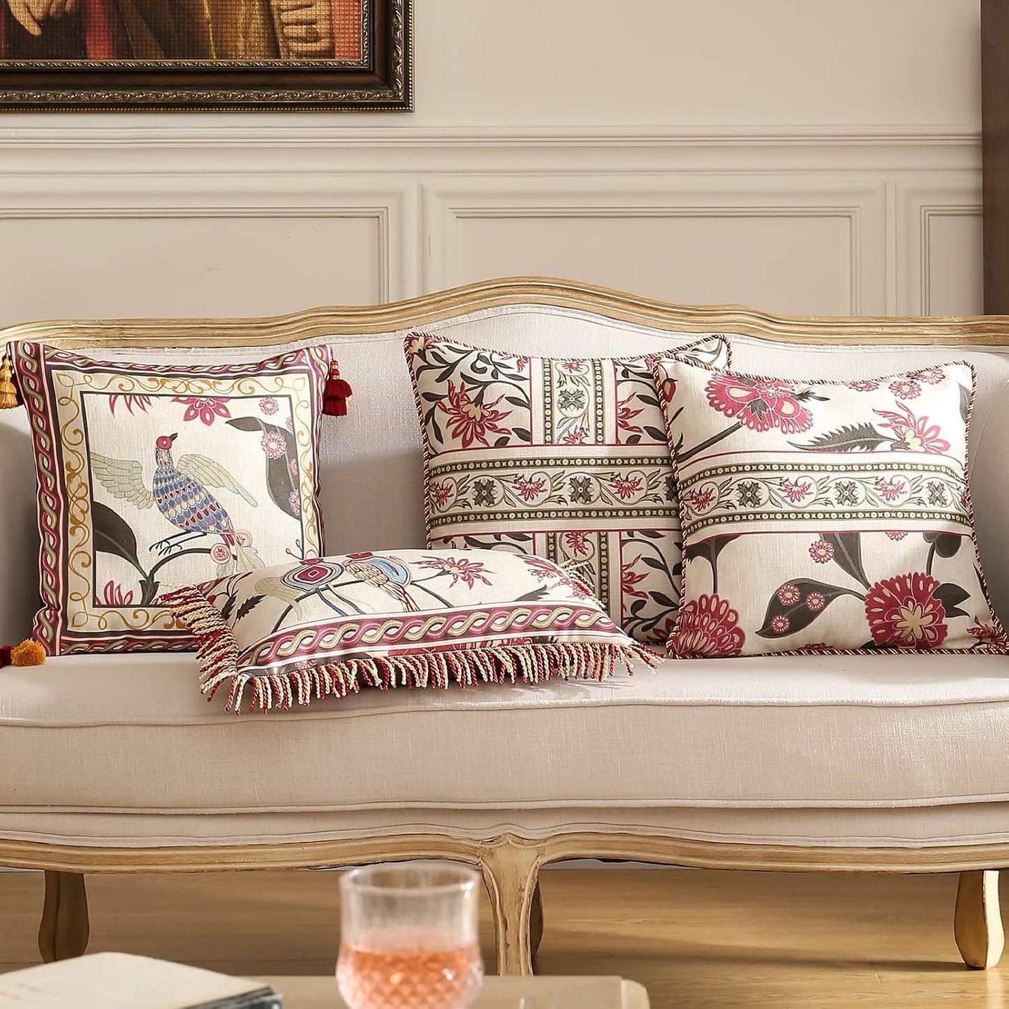 patdrea Designer Throw Pillow Covers Set of 4,Vintage Red Linen Pillowcases with Flower and Birds Pattern Pillows Cover for Couch,Farmhouse Decorative Cushion for Bed Living Room Outdoor Car