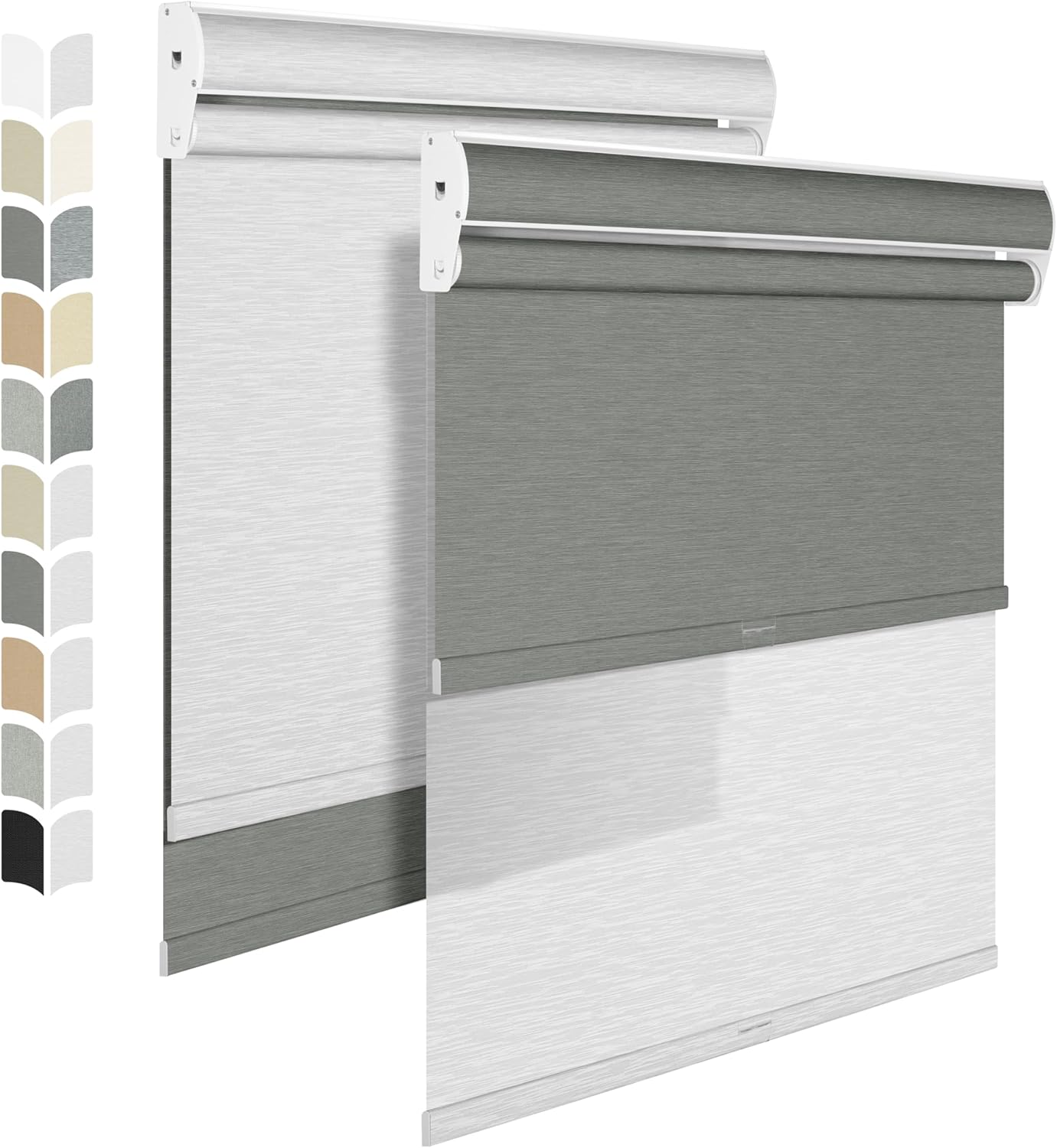 BERISSA Cordless Dual Roller Shades with Cassette Valance, Double Window Shades - Blackout and Light Filtering - Day and Night - for Home Office Doors - Grey and White. 47 W x 86" H