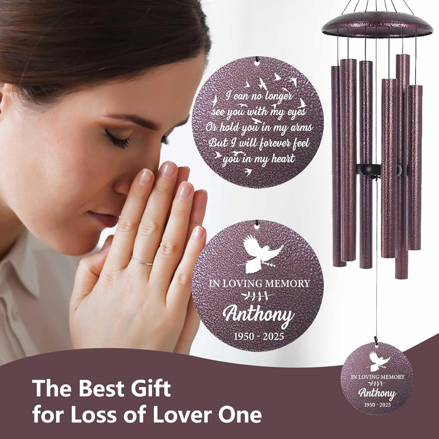 ASTARIN Large Engraving Wind Chime Memorial, Personalized Windchimes in Memory of a Loved One, Loss of Mother Lover Sympathy Gifts, Remembrance Gift for Loss Wife Husband(Produced in USA)