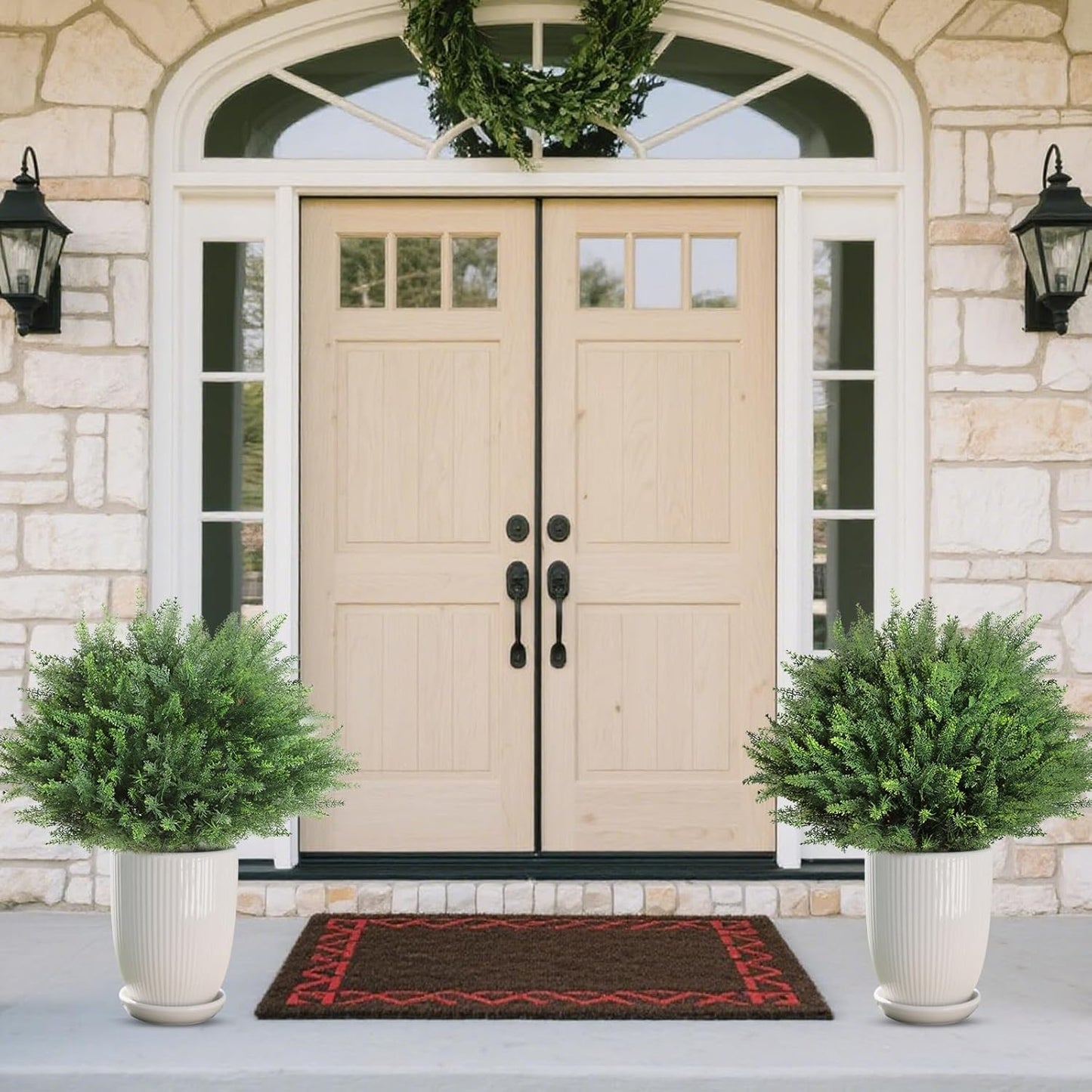 23" Artificial Cedar Topiary Ball Trees ，Set of 2 Outdoor Faux Plants with Ground Spike, UV Resistant Fake Pine Shrubs Bushes for Indoor Front Porch Yard Decorations (Cypres)