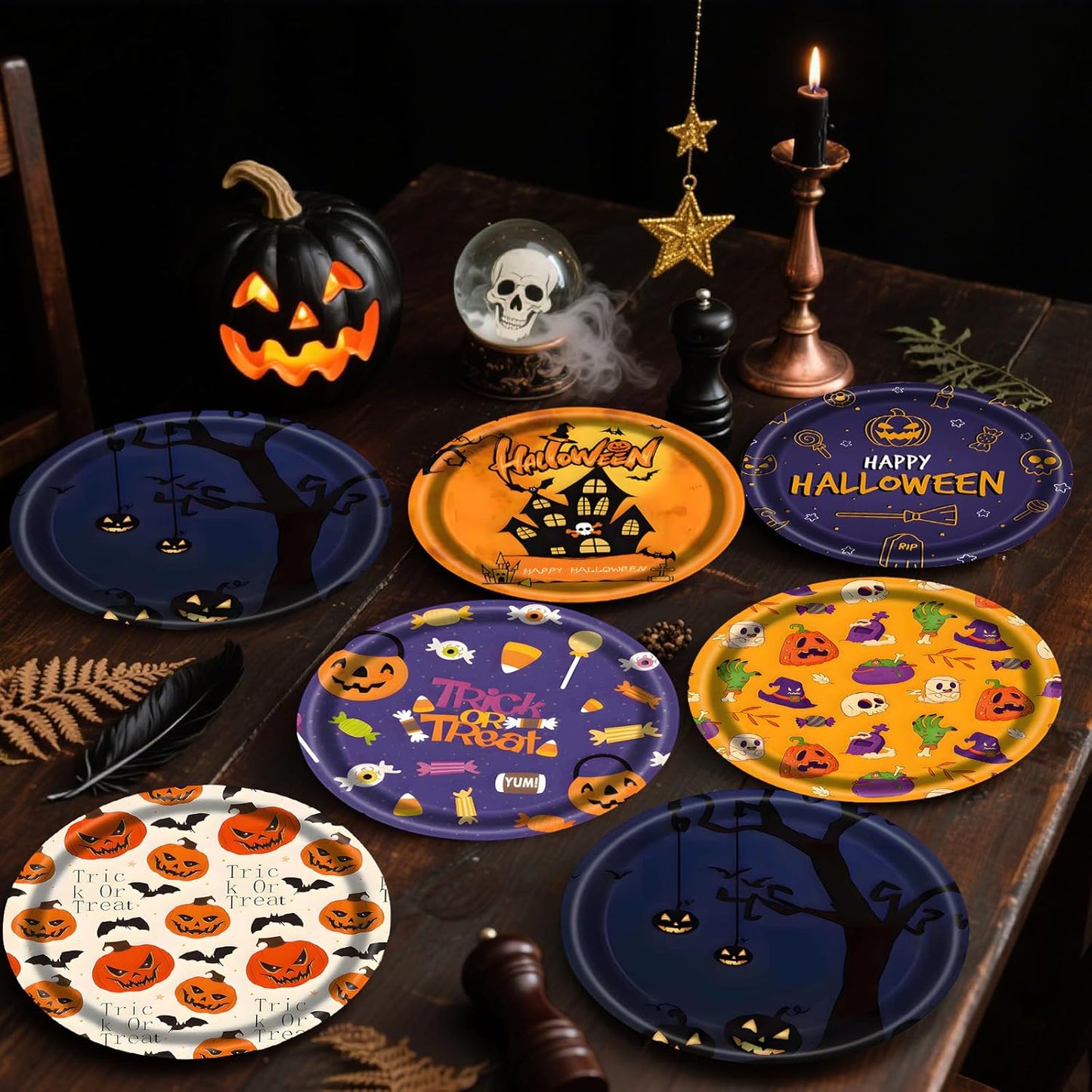 48 PCS Halloween Paper Plates 7 inch, Bat Castle Skull Pumpkin Party Plates Disposable Cake Dessert Plate for Halloween Party Decorations