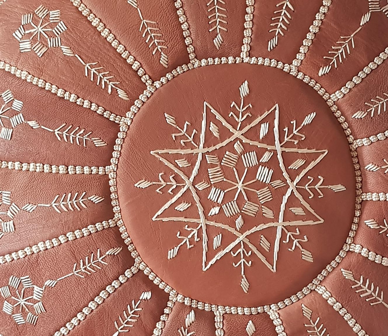 Stuffed Arch Design Moroccan Leather Pouf Ottoman, Handmade, Pre-Filled, 100% Genuine Leather, 14” Height x 22” Diameter – Boho Chic Footstool & Living Room Décor (Dark Tan)