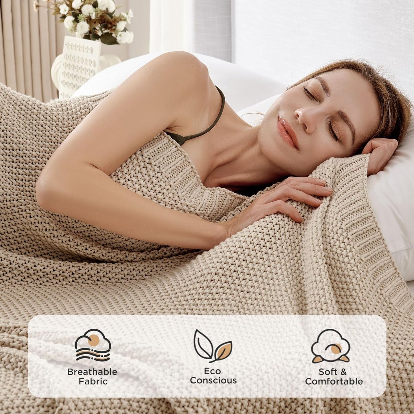 Joydeco Chunky Cable Knit Throw Blanket, Lightweight 100% Organic Cotton Soft Cozy Throw Twin Blanket for Couch Bed and Sofa, Rustic Breathable Farmhouse Blanket Gift for Women Men(Beige, 51"x63")