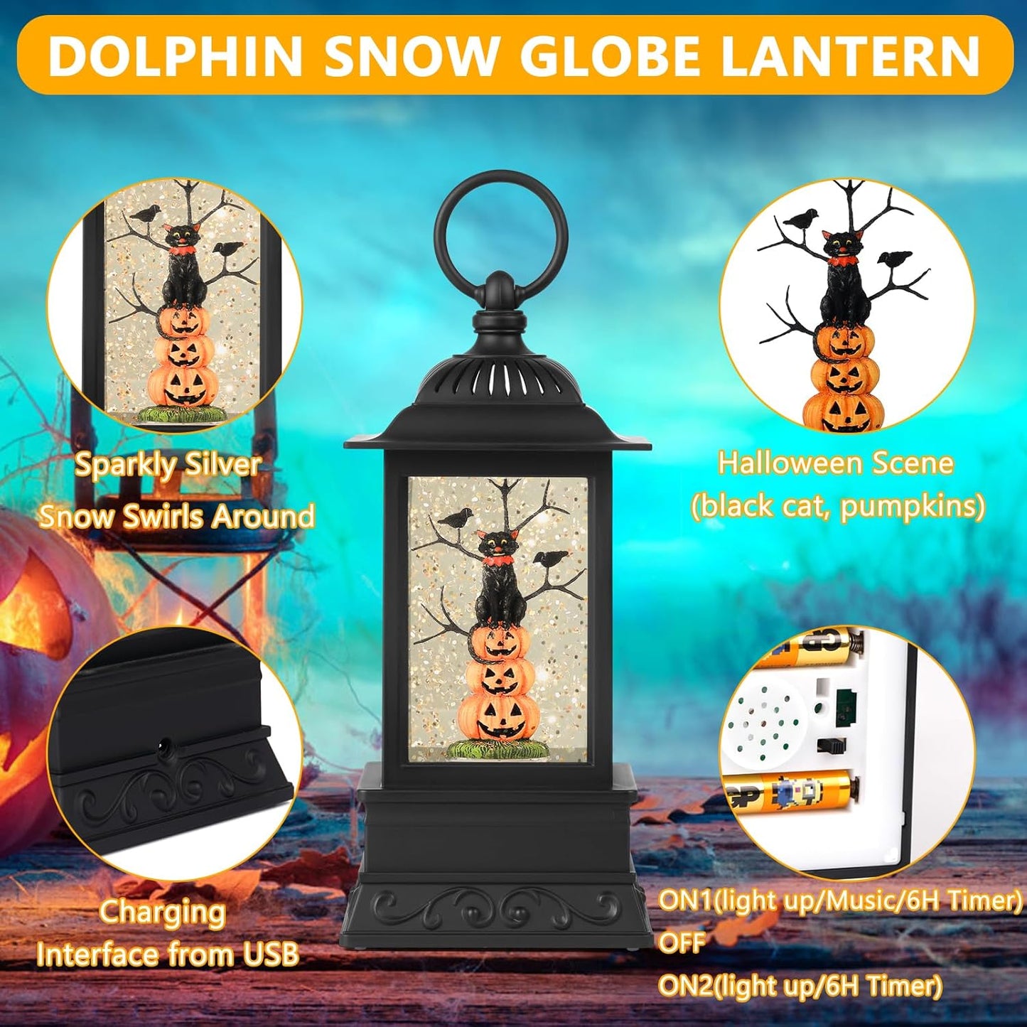 10'' Halloween Snow Globe, Lighted Musical Glitter Globe, Battery Operated or USB Powered Glitter Lantern for Spooky Halloween Festival Party Home Table Decorations (Pumpkin and Black Cat Combo)
