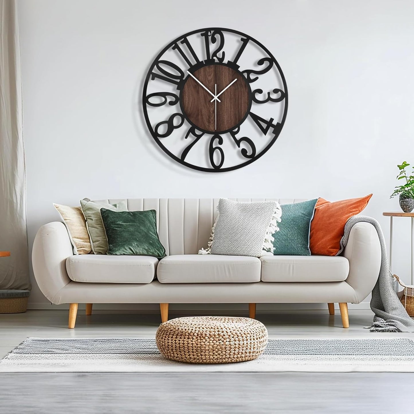 Maxstar Large Round Wall Clock for Living Room Decor Battery Operated Non Ticking Black Metal Wood Clocks for Home Living Room Garden Office Kitchen Decoration -40inch