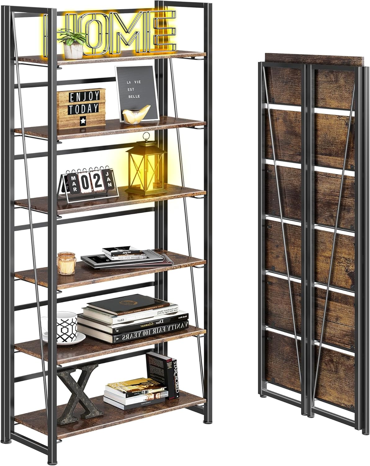 4NM No Assembly Foldable Bookshelf, 6-Shelf Collapsible Bookcase Storage for Small Spaces, 74" H, Rustic Brown and Black