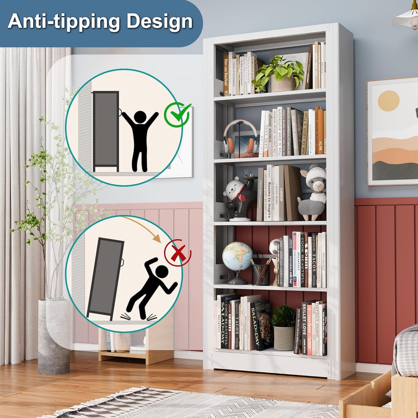 5-Tier Metal Bookshelf, 69" Tall Bookcase, Adjustable Bookshelves with Deep Display Shelves, Heavy Duty Book Shelf, Open Book Cases for Living Room, Home, Office, Library, Garage (White)