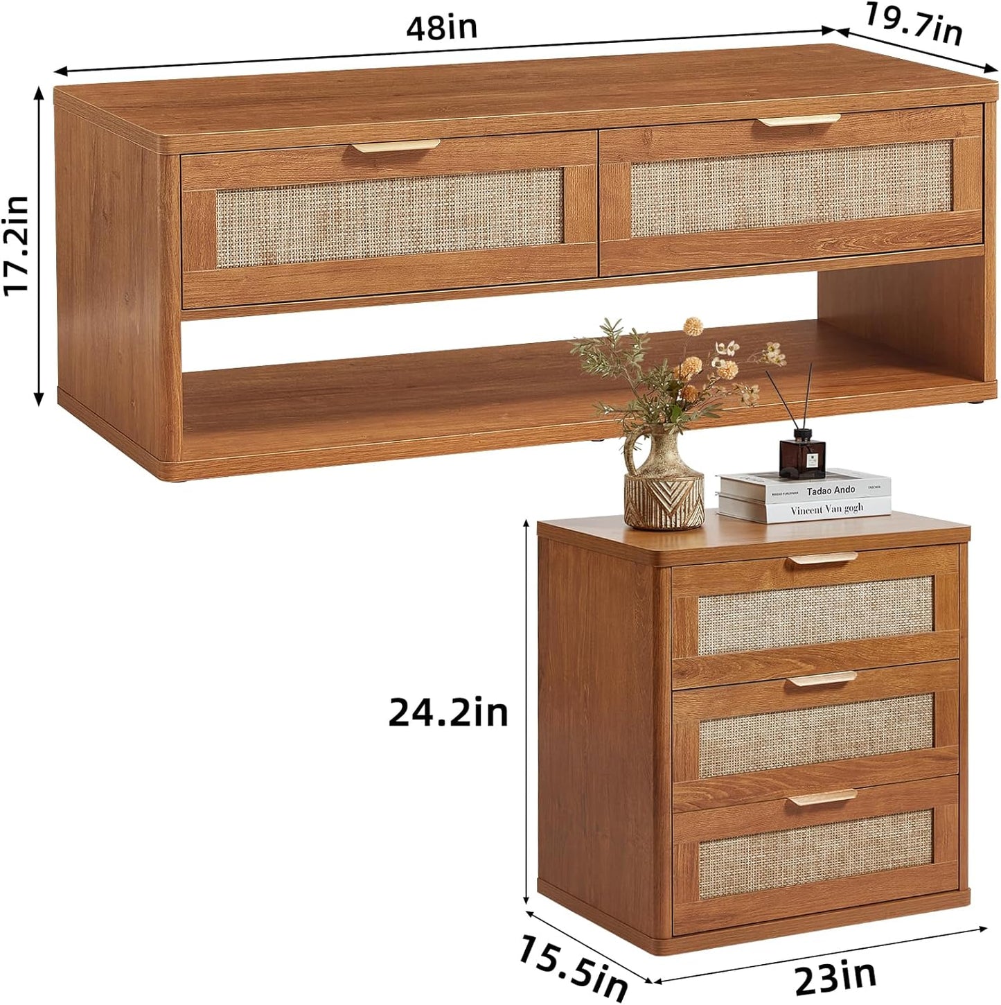 LEYAOYAO Boho Rattan Coffee Table and End Table Sets, 48" Wide Center Tables & 23" Night Stand with 3 Drawers, Brown Wood Coffee Table for Living Room 3 Piece Set