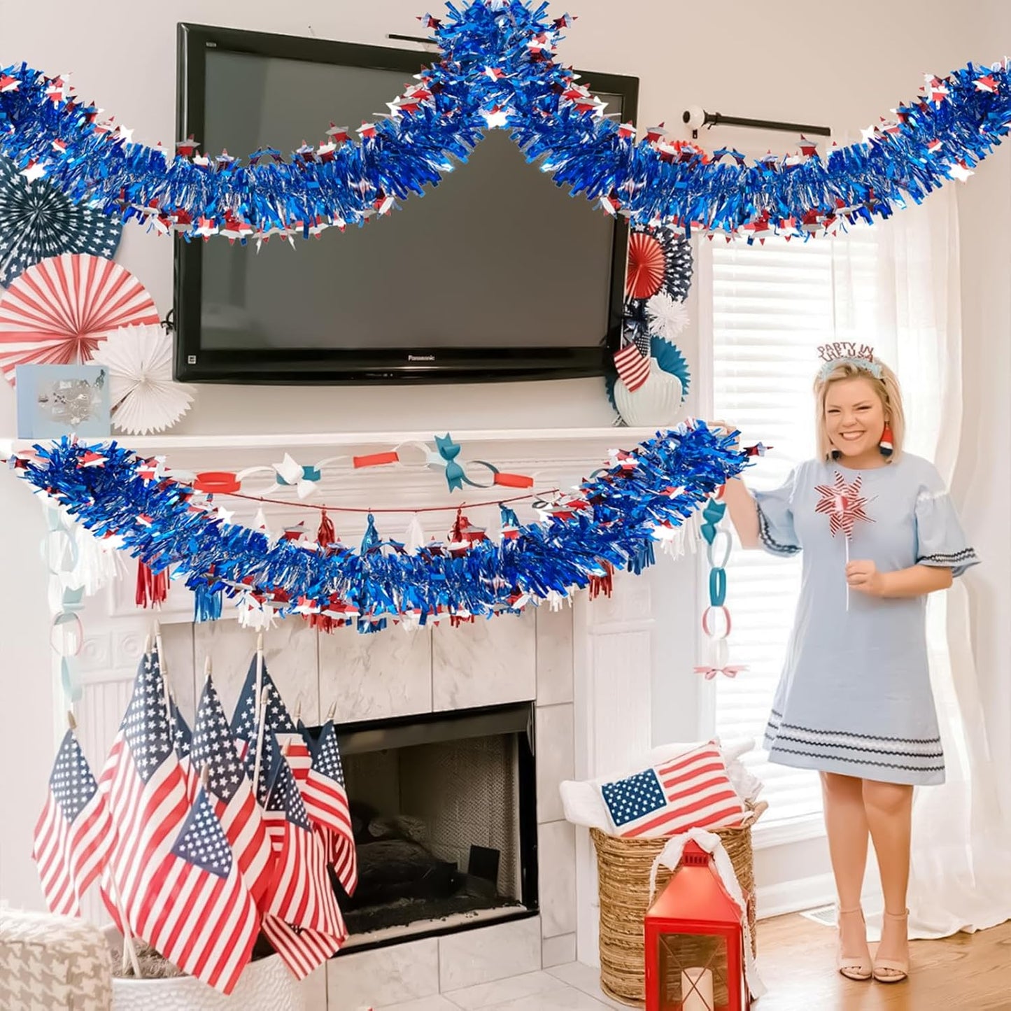 4th of July Patriotic Tinsel Garland Decoration 33FT, Red White and Blue Tinsel Garland with Shiny Star Metallic Garlands,Independence Day Memorial Day Decor for Home Indoor Outdoor