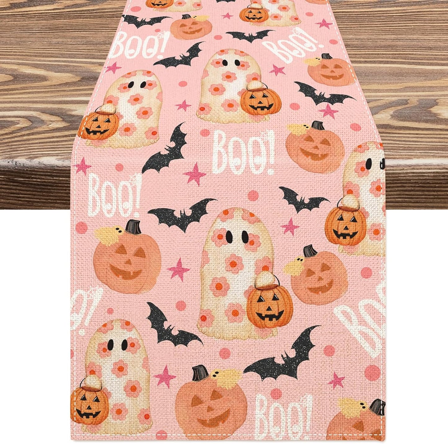 AnyDesign Halloween Table Runner Pink Spooky Ghost Pumpkin Table Cover Kitchen Dining Table Decoration Pink Halloween Table Dresser Scarves for Indoor Outdoor Home Party, 13 x 72 Inch