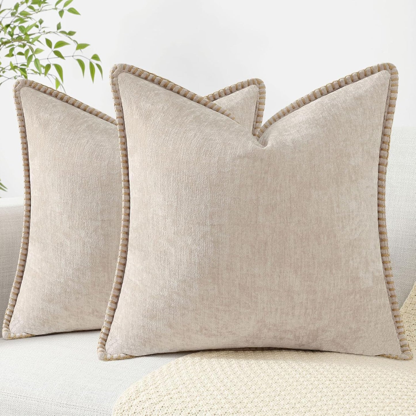 decorUhome Chenille Soft Throw Pillow Covers 26x26 Set of 2, Farmhouse Velvet Neutral Decorative Euro Pillow Covers with Stitched Edge for Couch Sofa Bed Home Decor, Beige