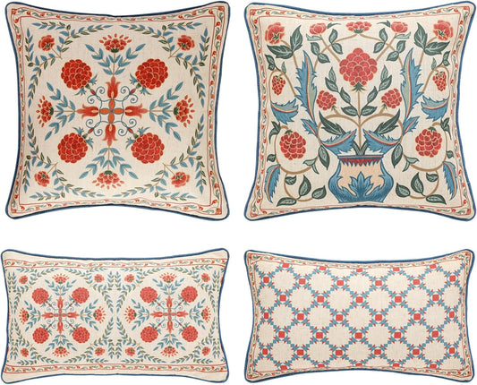 patdrea Designer Throw Pillow Covers Set of 4,Brilliant Vintage Red Tropical Linen with Floral Pattern Pillow Cover,Decorative Lumbar and Square Pillowcases Cushion for Bed Living Room Outdoor
