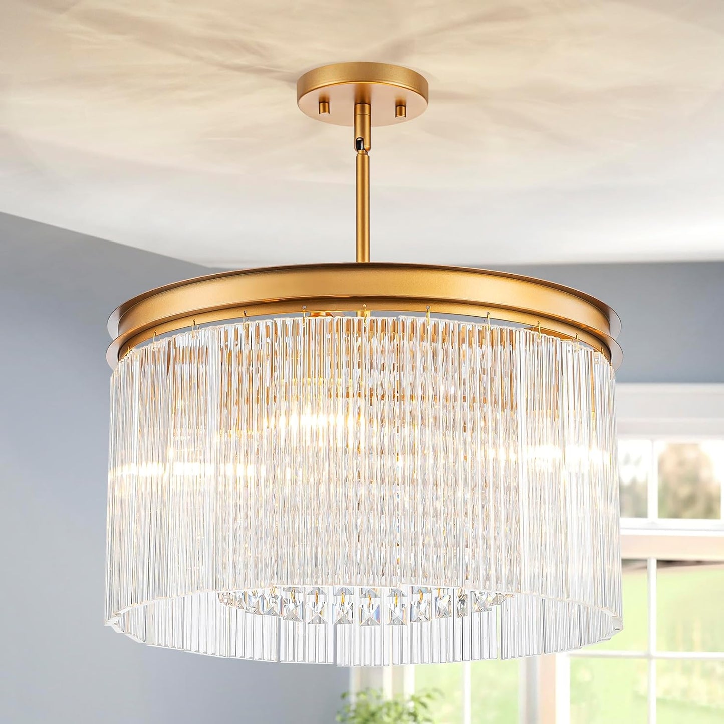 4-Lights Drum Glass Chandelier, Modern Style Light Fixture for Dining Room, Bedroom, Ripple Glass Shade & Brass Finish, D16.5 * H18~48 inch (Adjustable Height)