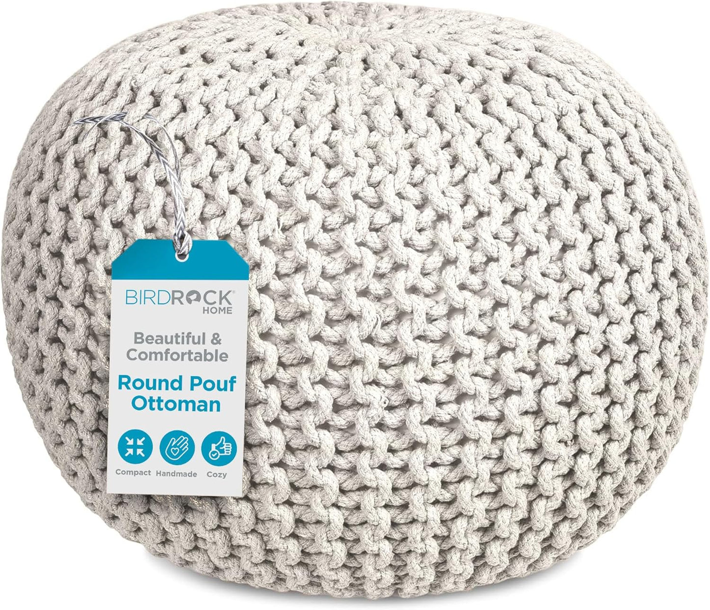 BIRDROCK HOME Round Pouf Ottoman | Cotton Braided Foot Stool with Bean Bag Filling | Boho Foot Rest for Living Room & Bedroom | Compact & Comfortable Seating, Lightweight & Soft | Ivory