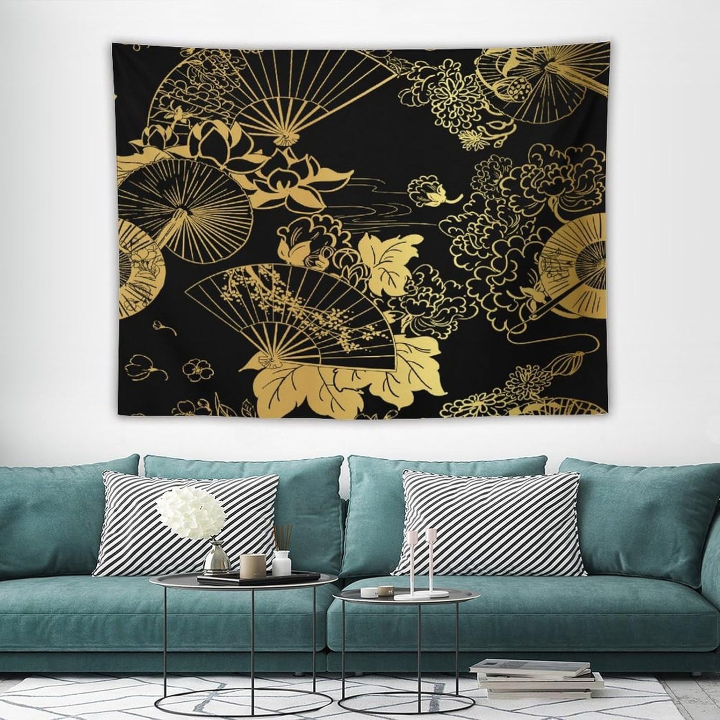 HZOHNAGO Japanese Tapestry Gold Flowers Umbrella Fan Pattern Printed Wall Tapestry Painting Wall Hanging for Bedroom Living Room Dorm 80" W x 60" H
