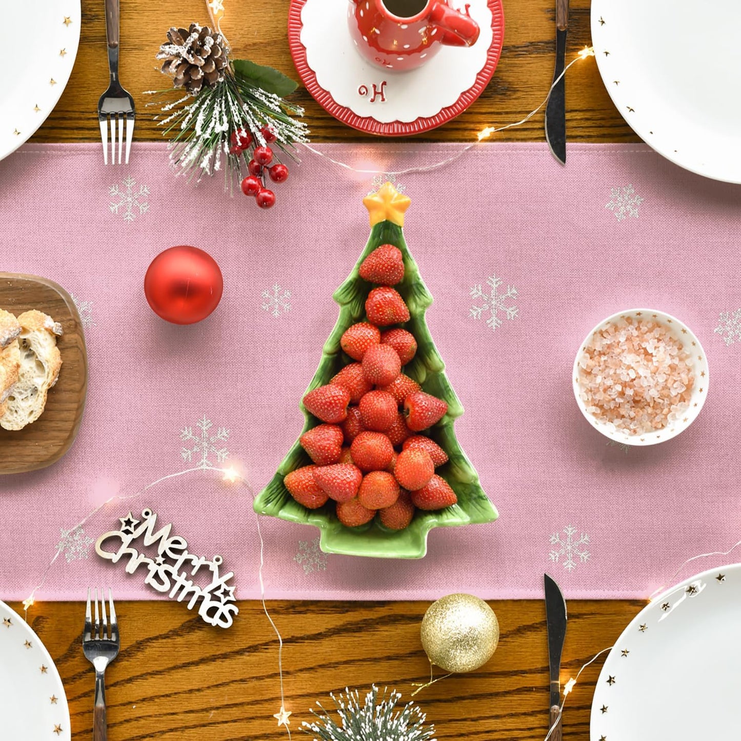 Artoid Mode Xmas Trees Snowflakes Pink Merry Christmas Table Runner, Winter Seasonal Kitchen Dining Table Decoration for Home Party Decor 13x90 Inch