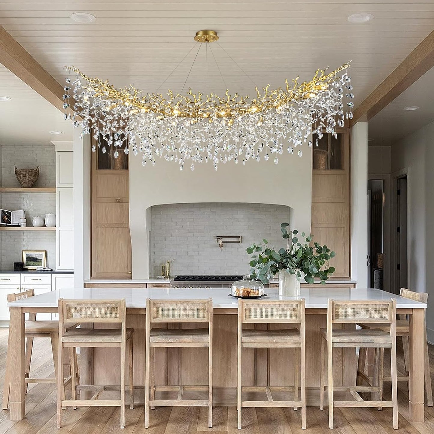 Modern Crystal Gold Chandelier,72" Large Rectangular Chandeliers for Dining Room, Tree Branch Crystal Lving Room Chandelier,Dining Room Over Table Chandeliers,Fixture Height-Adjustable
