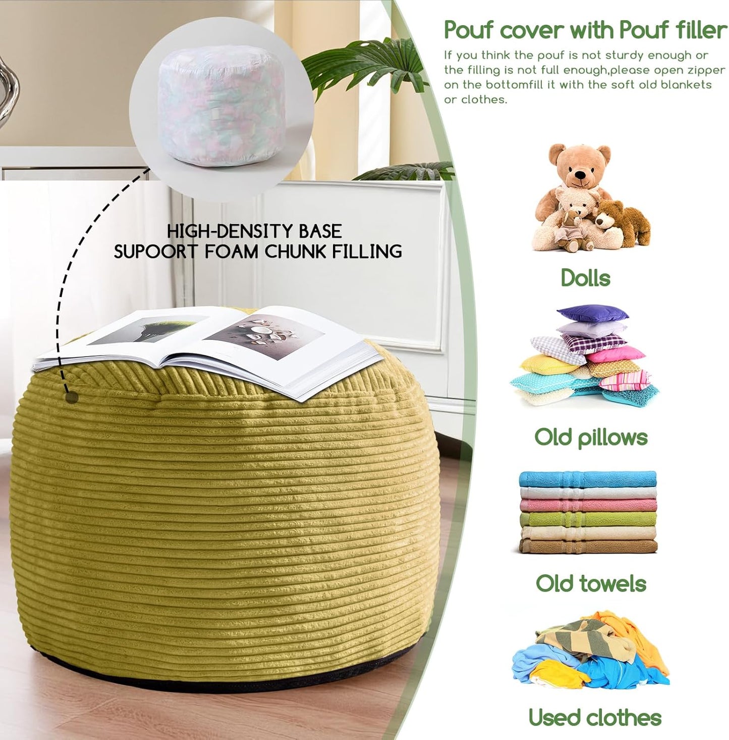 HIGOGOGO Round Stuffed Pouf Ottoman, Corduroy Poufs with Foam Chunk Filling, Furry and Fluffy Pouf Foot Stool Storage Ottoman, 20 X 15 Floor Poufs Foot Rest for Living Room, Green