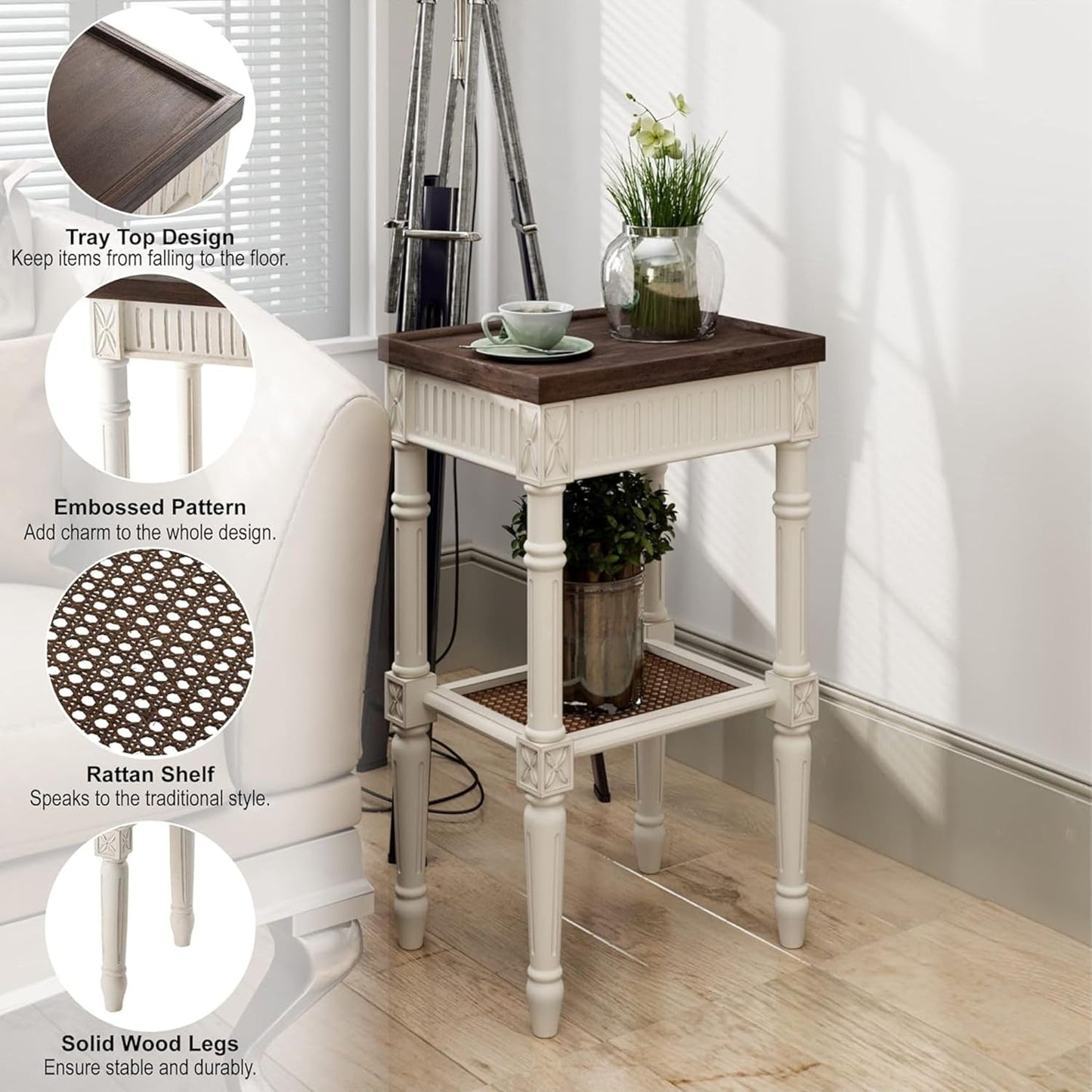 Rustic Farmhouse Cottagecore Accent End Table, Distressed Accent Side Table with Espresso Tray Top and Woven Wicker Shelf, Boho, French Country Decor, Square, Weathered Brown & White