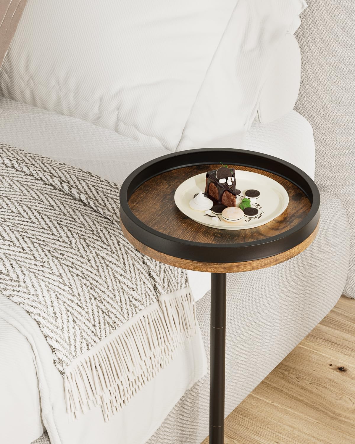 Masupu Drink Table, Round Side Table for Small Spaces, Pedestal Small End Table with Metal Base, for Living Room, Bedroom, Bathroom, Rustic Brown+Black(Lip)