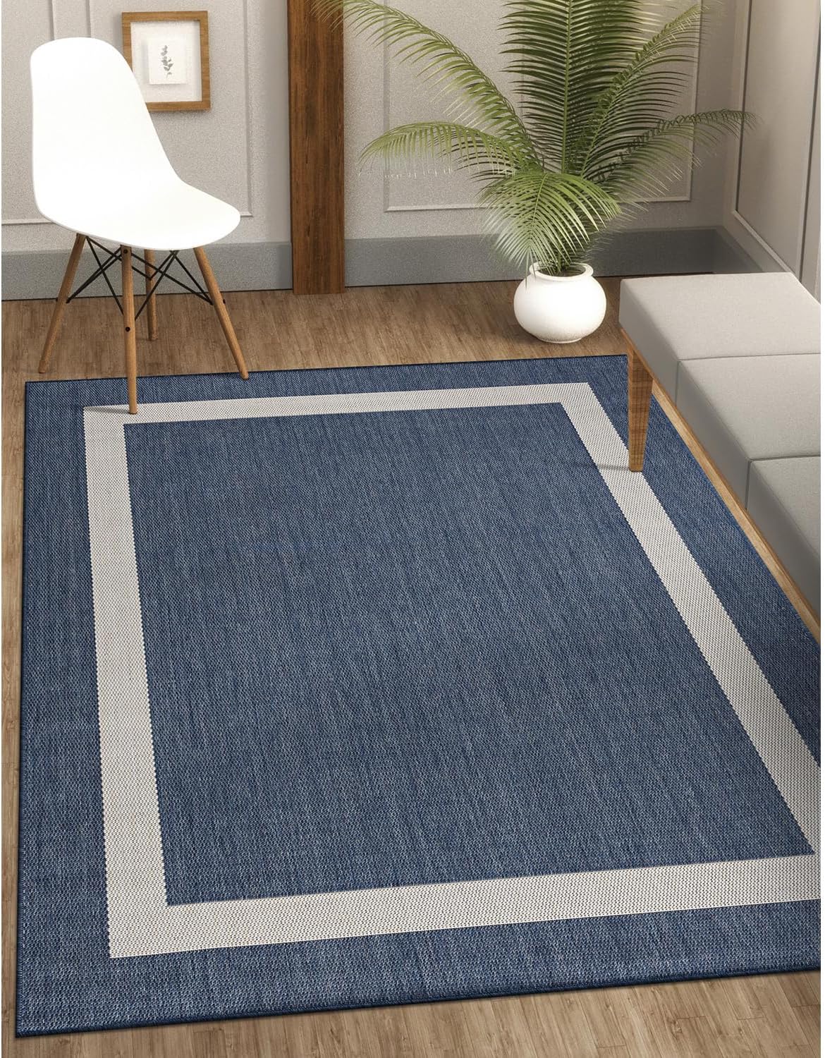 CAMILSON Outdoor Rug 10x14, Large Modern Outside Rugs for Patios Porches Waterproof Durable Washable Non-Shedding, Easy-to-Clean Indoor Outdoor Area Carpet (10 x 14, Bordered - Blue/White)