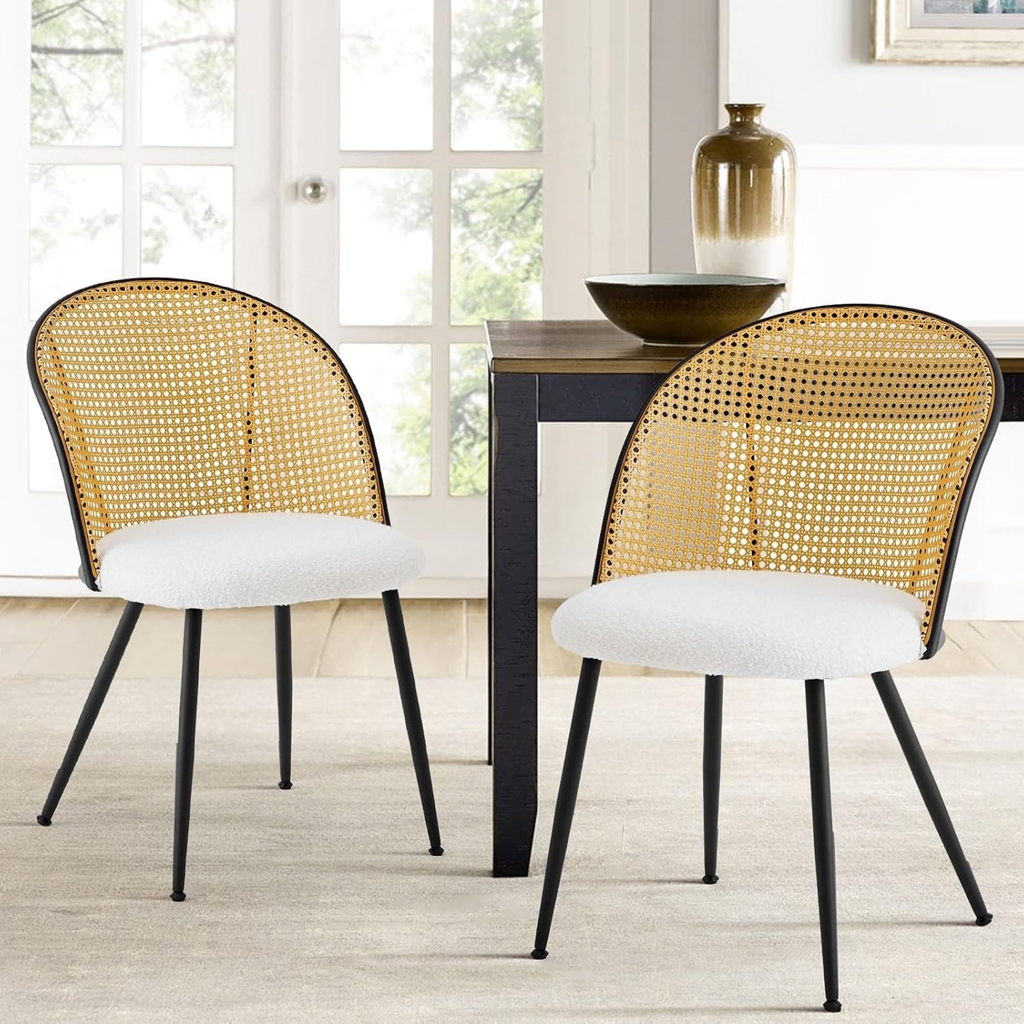 Rattan Dining Chairs Set of 2, Mid-Century Modern Kitchen Dining Room Chairs with Full Cane Backrest Armless Upholstered Farmhouse Boucle Dining Chairs with Metal Leqs for Dining Room, White