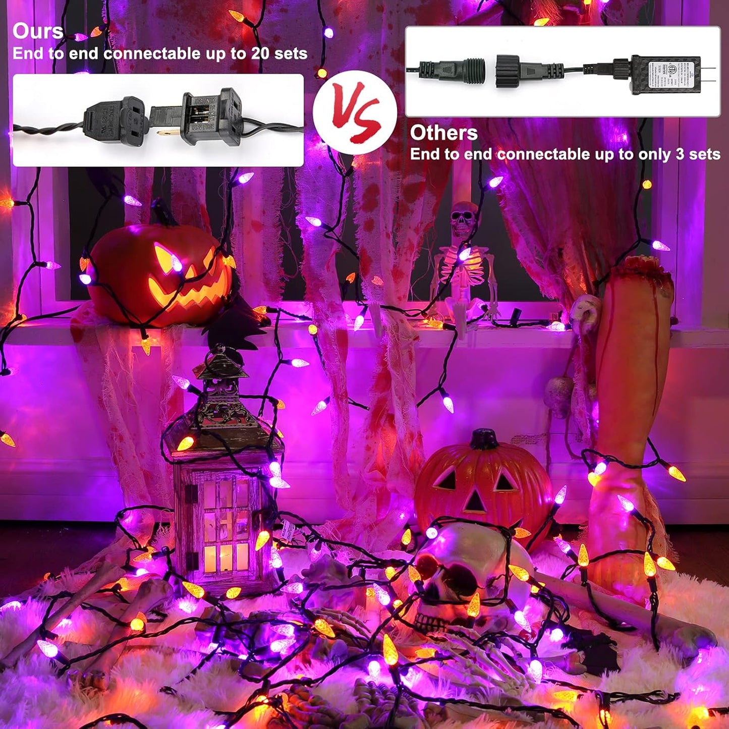 Brizled Purple & Orange Lights, 33ft 100 LED Faceted C5 Orange Halloween String Lights, 120V UL Certified Purple Light Set Connectable Halloween Light for Indoor Outdoor Tree Xmas Party Decoration