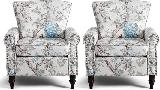 Wingback Accent Chair with Removable Pillow, High Back Floral Armchair with Solid Wood Legs & Nailhead Trim, Comfy Upholstered Reading Single Sofa Chair for Bedroom (2, Bird Floral Pattern)