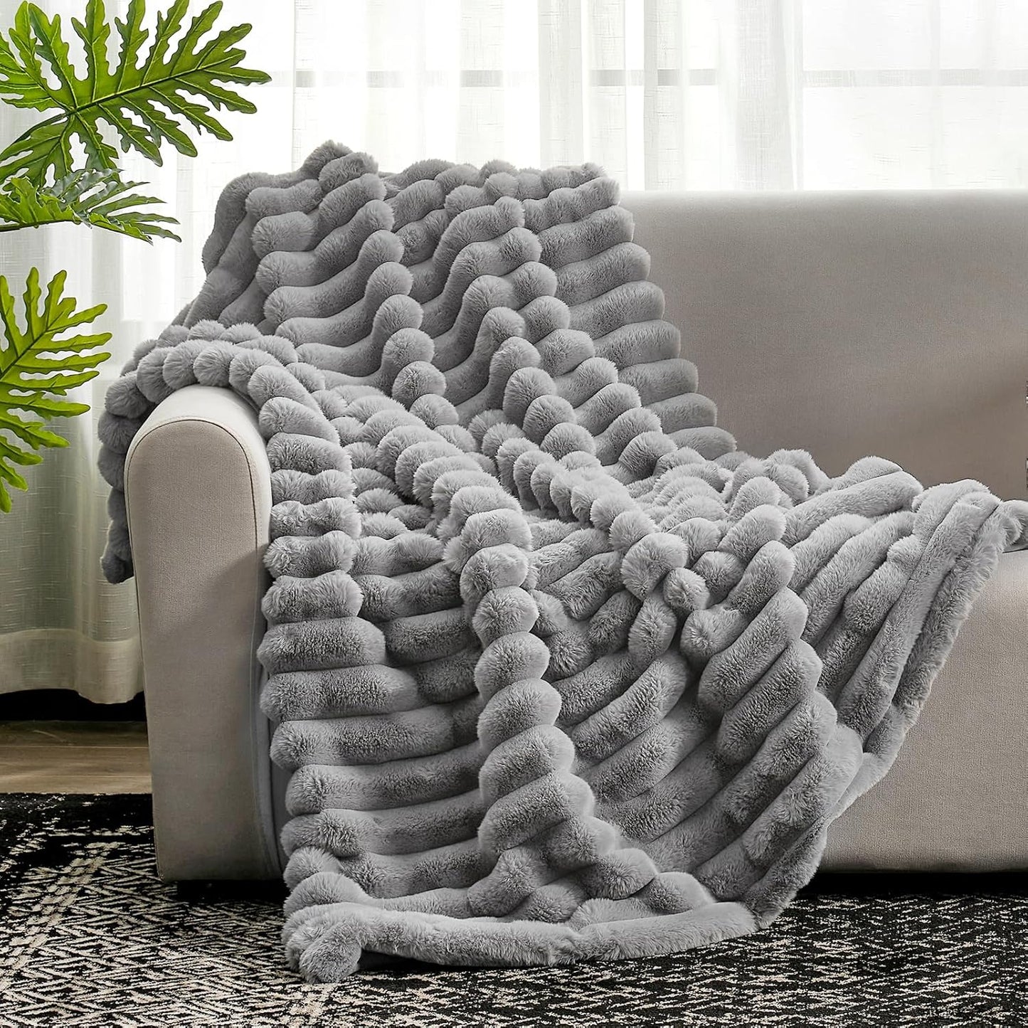 Cozy Bliss Faux Fur Throw Blanket for Couch, Cozy Warm Plush Striped Blanket for Sofa Bedroom Living Room,60 * 80 Inches Grey