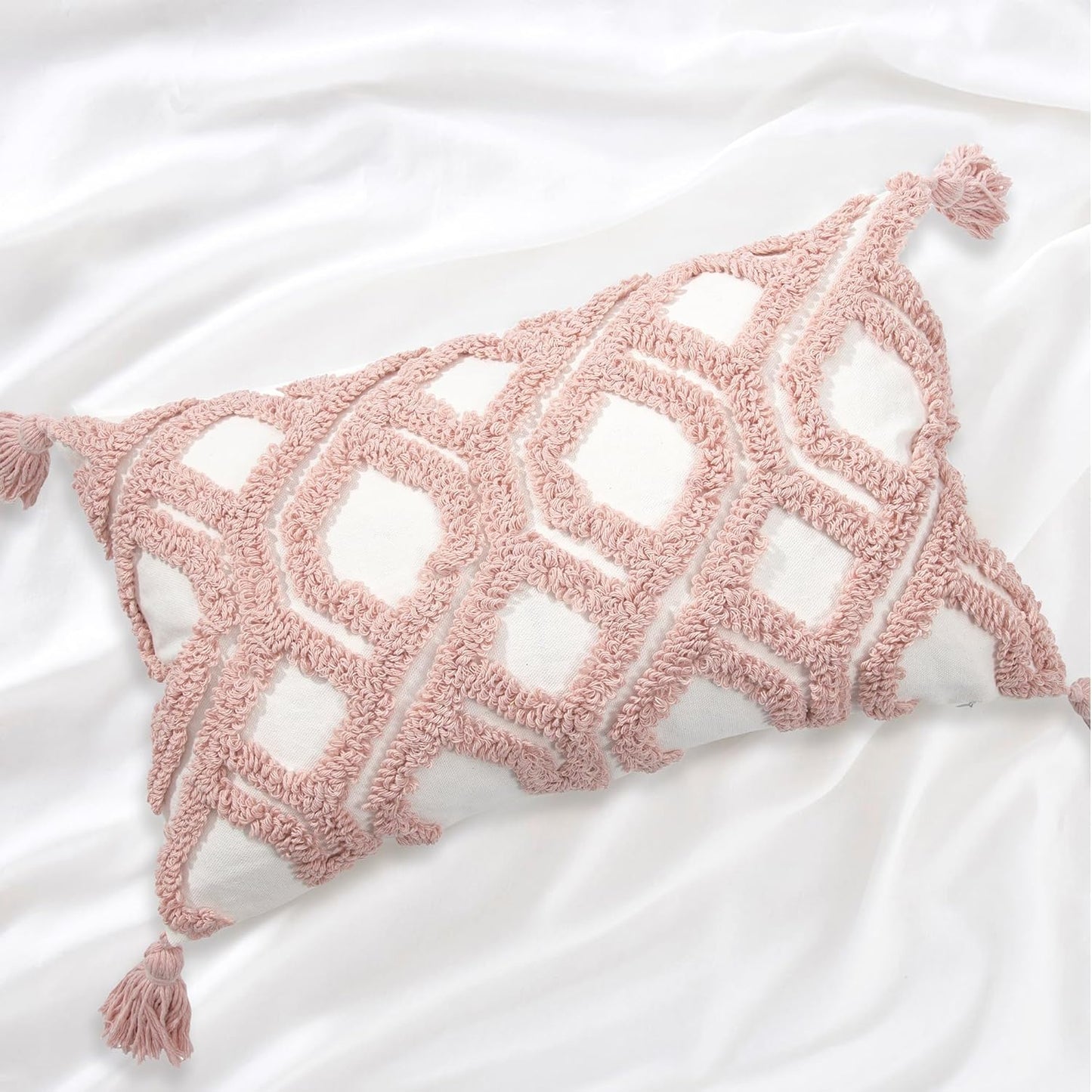 Boho Pillow Covers 12X20 Inch Boho Tufted Throw Pillow Covers Decorative Tassels Cushion Cover Farmhouse Pillow Case for Couch Sofa Bed Living Room Bedroom, Blush