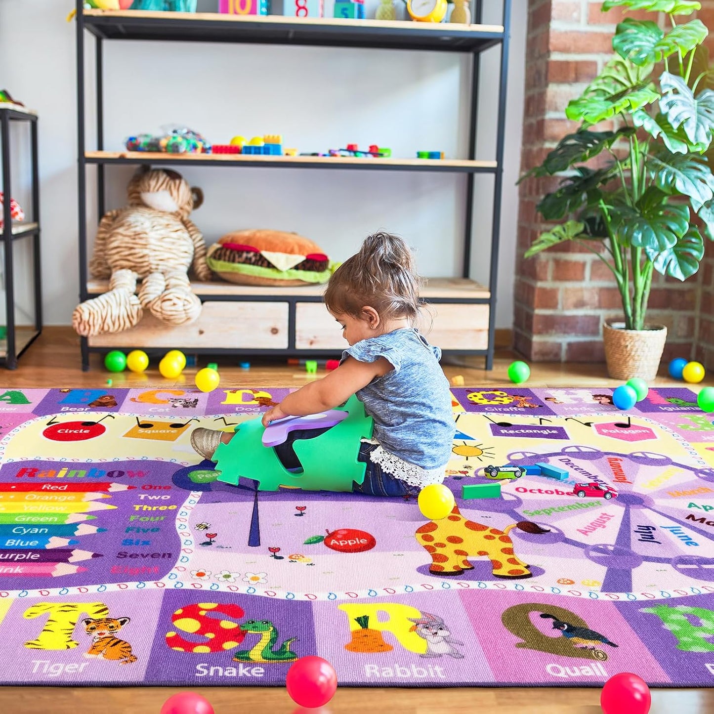 Kids Rugs for Playroom Bedroom Classroom Nursery, Non-Slip and Washable Rugs for Children Toddlers Girls, Educational and Fun Rug Carpets with ABC Alphabet Animals Shapes, 5x7, Purple