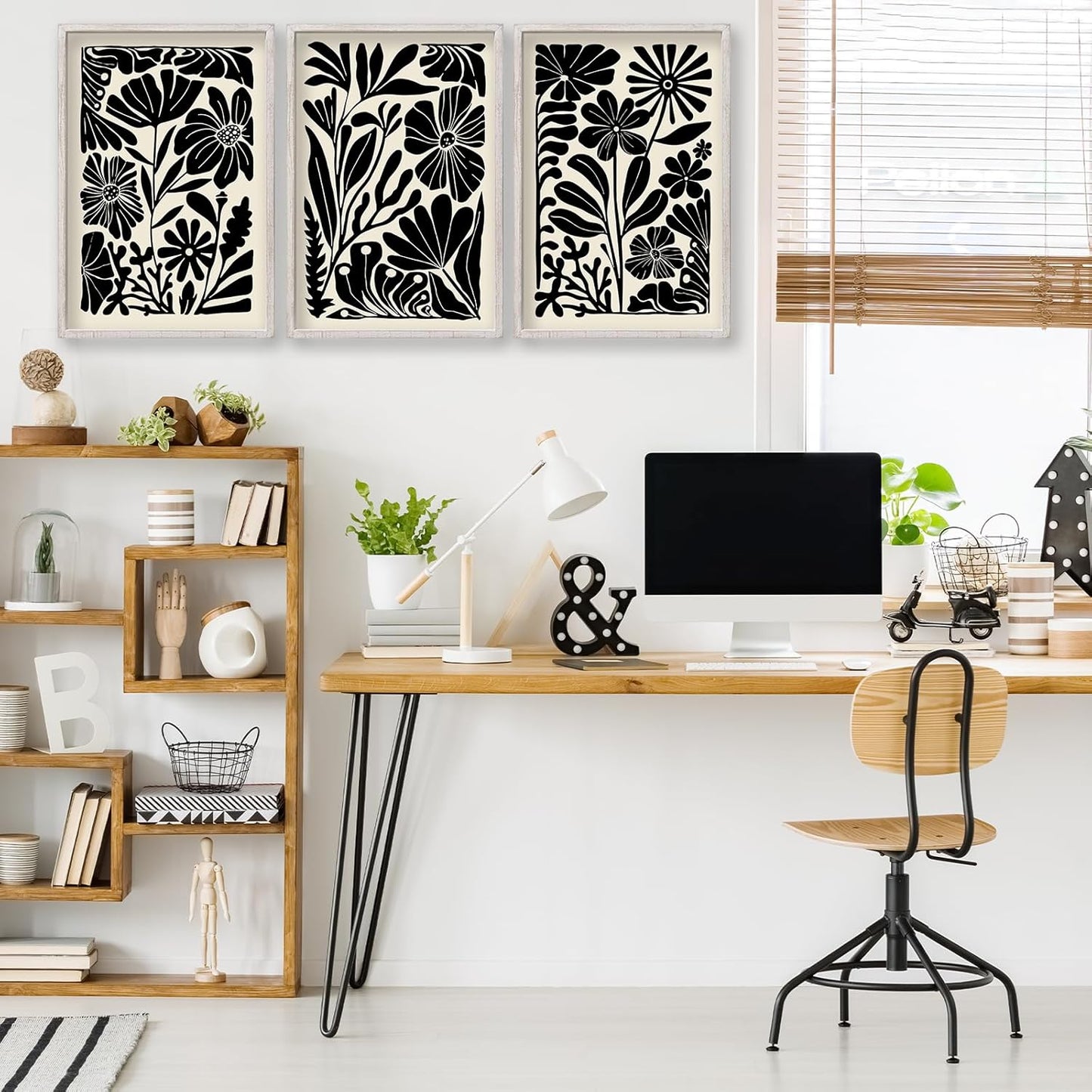 Abstract Floral Botanical Wall Art 16x11 Inch 3 Piece Black Vintage Boho Plant Flower Minimalist Wood Frame Sign Home Living Room Family Office Mid Century Print Wall Hanging Decor (White)