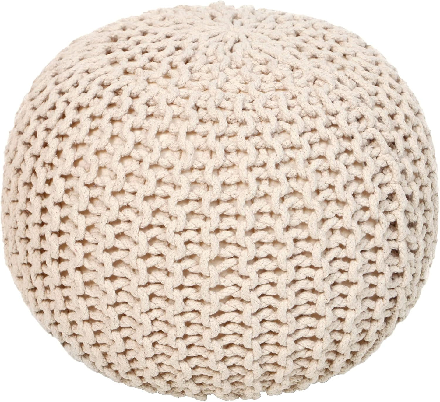 REDEARTH Round Pouf Ottoman - Cable Knitted Boho Poof - Home Décor Cord Pouffe Handmade Circular Footrest for Living Room - Bedroom - Kids Bedroom - 100% Cotton Pouf (18" x 18" x 14") - Ivory