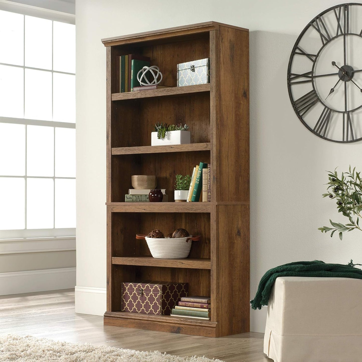 Sauder 5 Tier Book Shelf Wooden Bookcase Multipurpose Bookshelf for Home Office, Living Room, in Vintage Oak