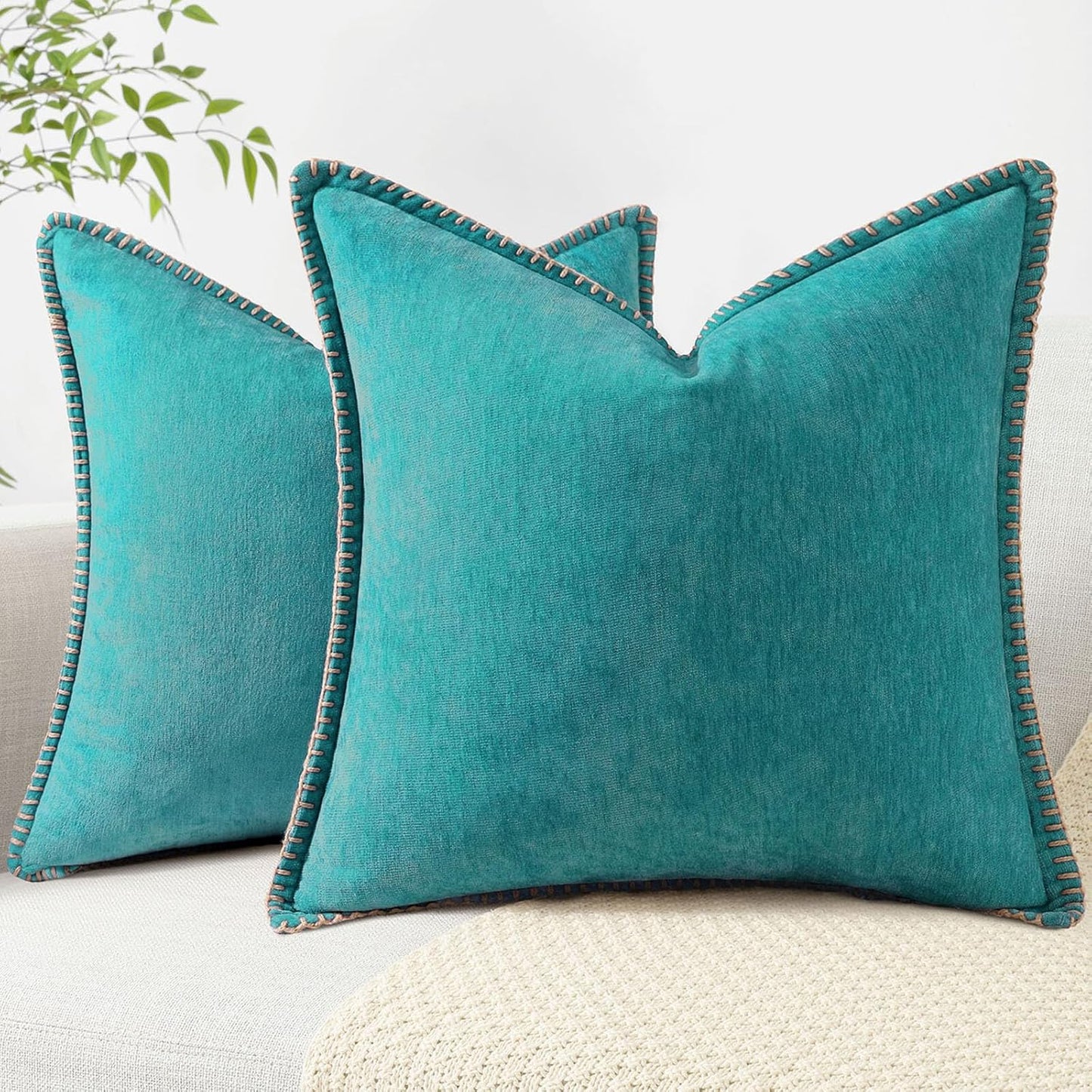 decorUhome Chenille Soft Throw Pillow Covers 18x18 Set of 2, Farmhouse Velvet Neutral Decorative Euro Pillow Covers with Stitched Edge for Couch Sofa Bed Home Decor, Turquoise