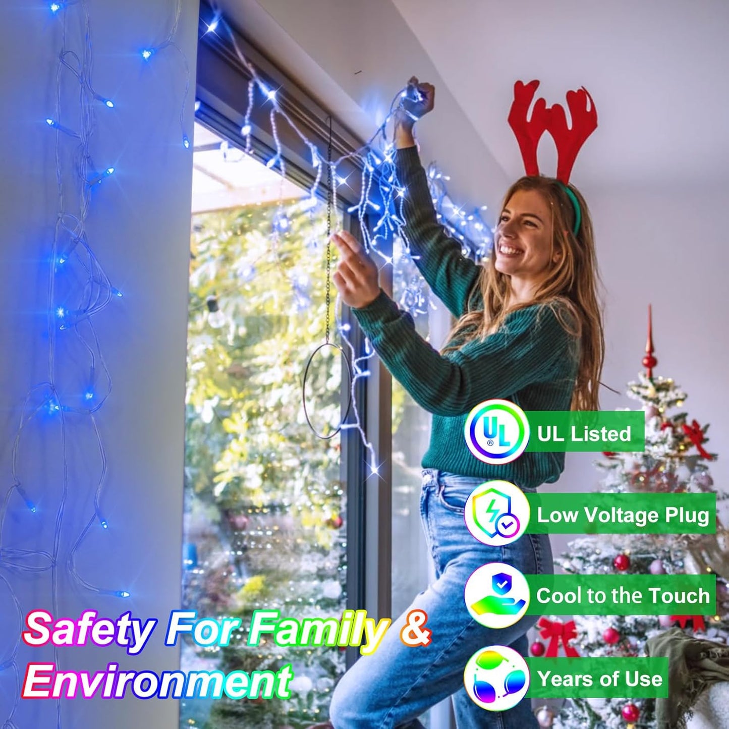 792 LED Christma Lights with 176 Drops, 82ft Outdoor Hanging lights with 8 Modes & Timer Memory, Outsite Waterproof Curtain String Lights for Front House Fence Tree Holiday Decorations Decor Blue