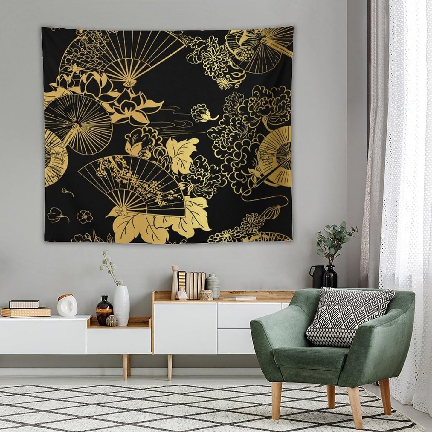 HZOHNAGO Japanese Tapestry Gold Flowers Umbrella Fan Pattern Printed Wall Tapestry Painting Wall Hanging for Bedroom Living Room Dorm 60" W x 50" H