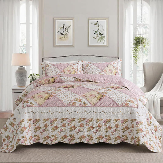 NEWLAKE Quilt Set Queen Size, Bedspread Sets Pink Botanical Floral, Reversible Quilt Bedding Set Lightweight and Breathable for All Seasons, Soft Quilted Bedspread with 2 Pillow Shams