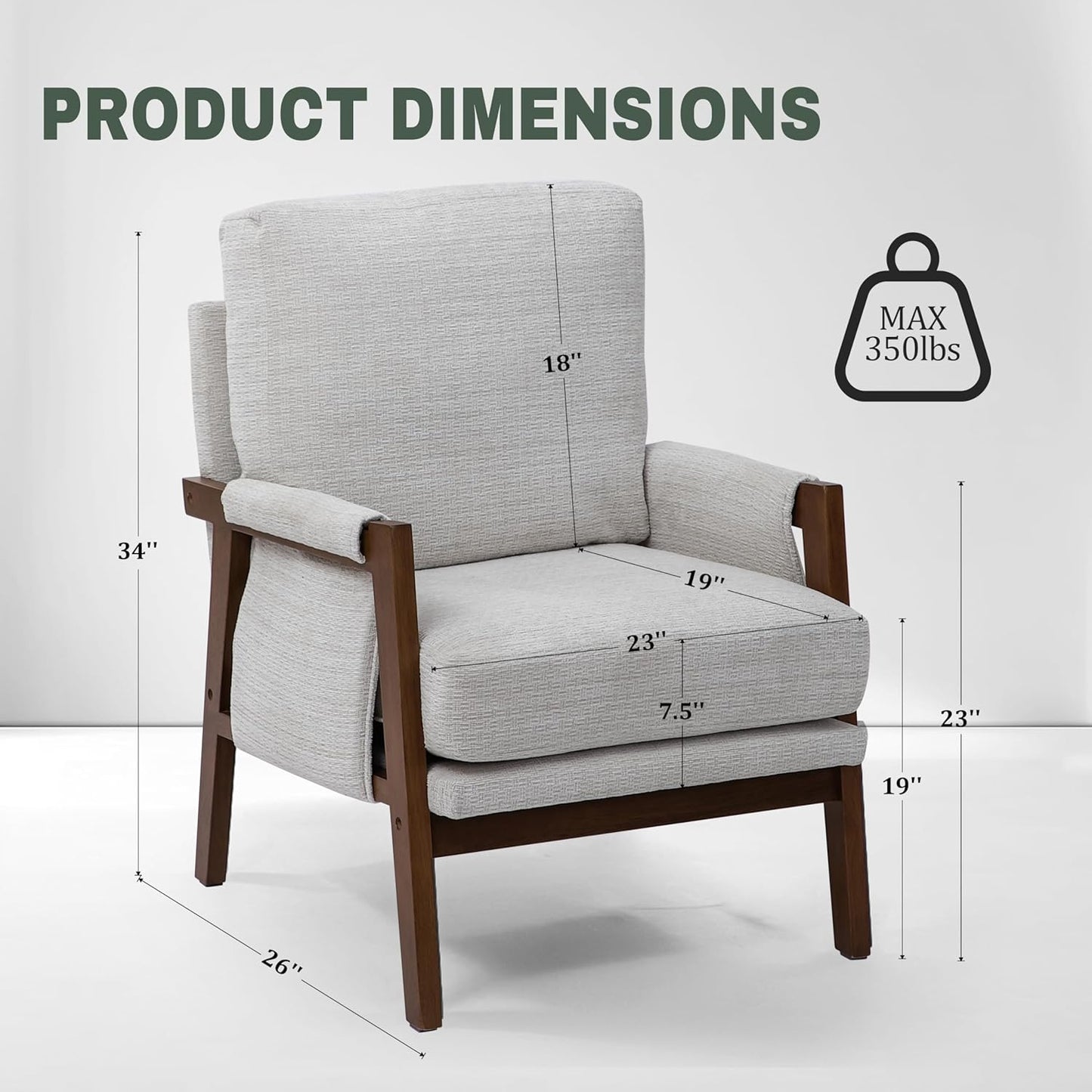 Modern Accent Chair for Living Room Mid Century Arm Chair Upholstered Bedroom Chair Comfy Lounge Chair with Solid Wood Frame, White