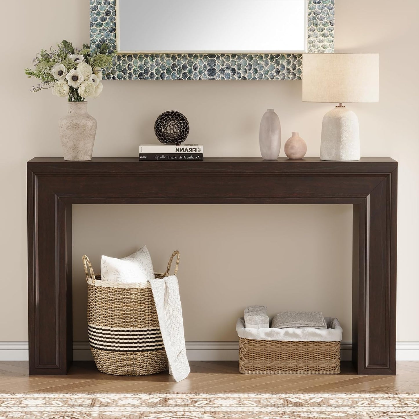 Rresyet 55 Inch Long Console Table, Sofa Table Behind Sofa, Wooden Entryway Table, Farmhouse Entryway Table for Entry, Hallway, Living Room (Cherry)