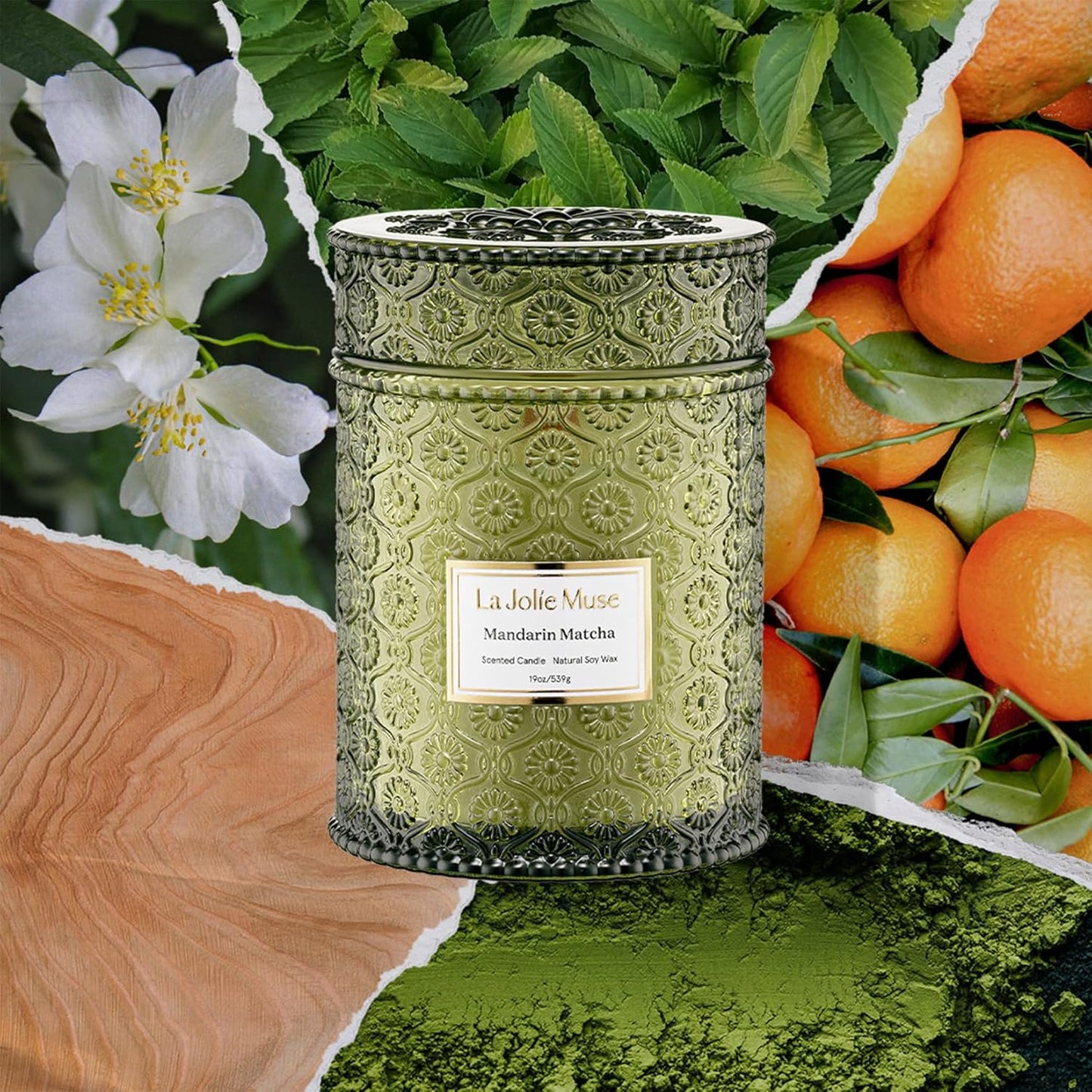 LA JOLIE MUSE Mandarin Matcha Candle - Bergamot, Matcha, Cedarwood | 19 oz Large Wooden Wick Candles | Natural Soy Wax | 90 Hours Clean Burn | Fresh Citrus Candle | Gift-Ready for Hosts