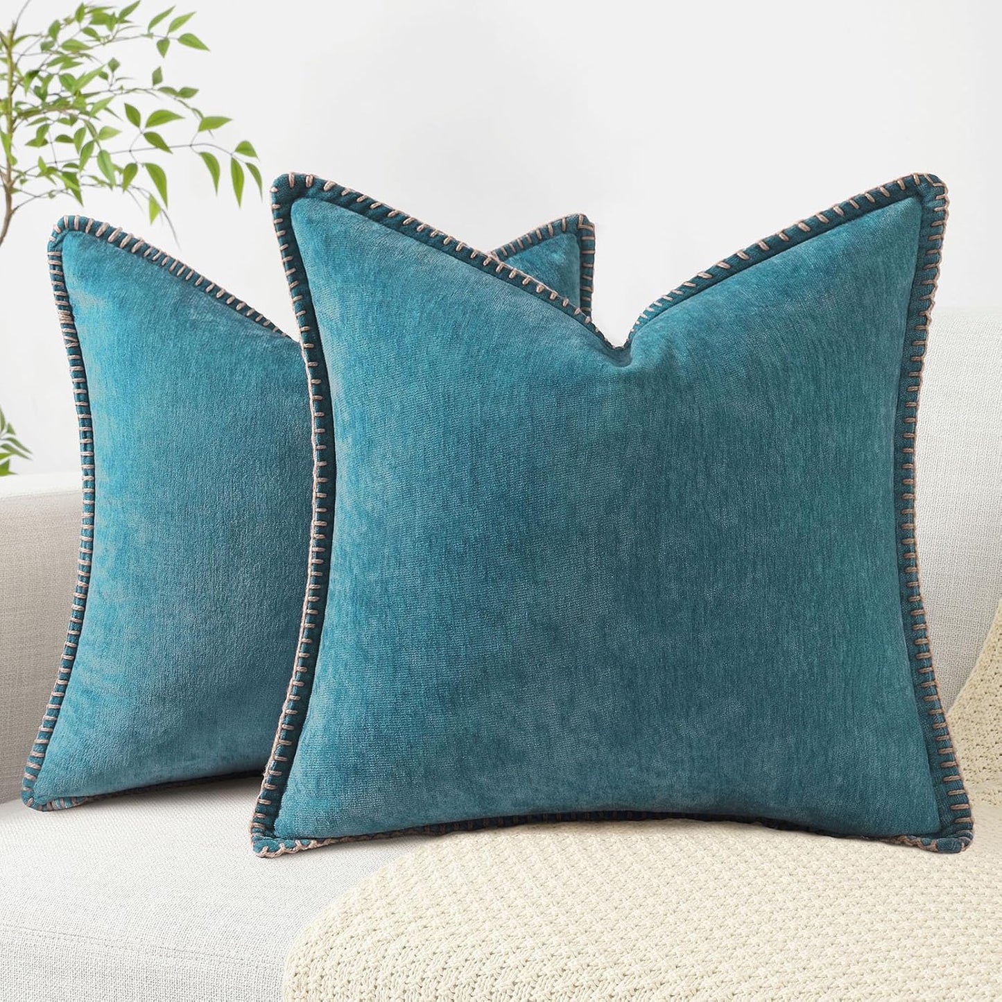decorUhome Chenille Soft Throw Pillow Covers 22x22 Set of 2, Farmhouse Velvet Neutral Decorative Euro Pillow Covers with Stitched Edge for Couch Sofa Bed Home Decor, Teal