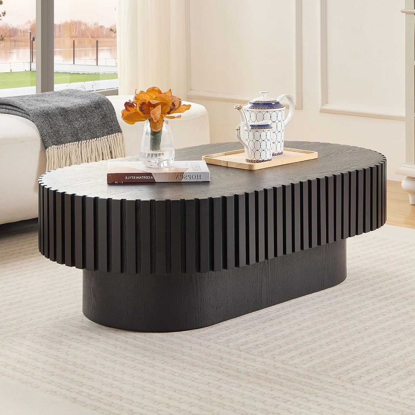 43.7" Oval Coffee Table for Living Room,Modern Handcraft Drum Coffee TableSmall Wooden Coffee Table with Sturdy Pedestal Easy Assembly for Office-Black