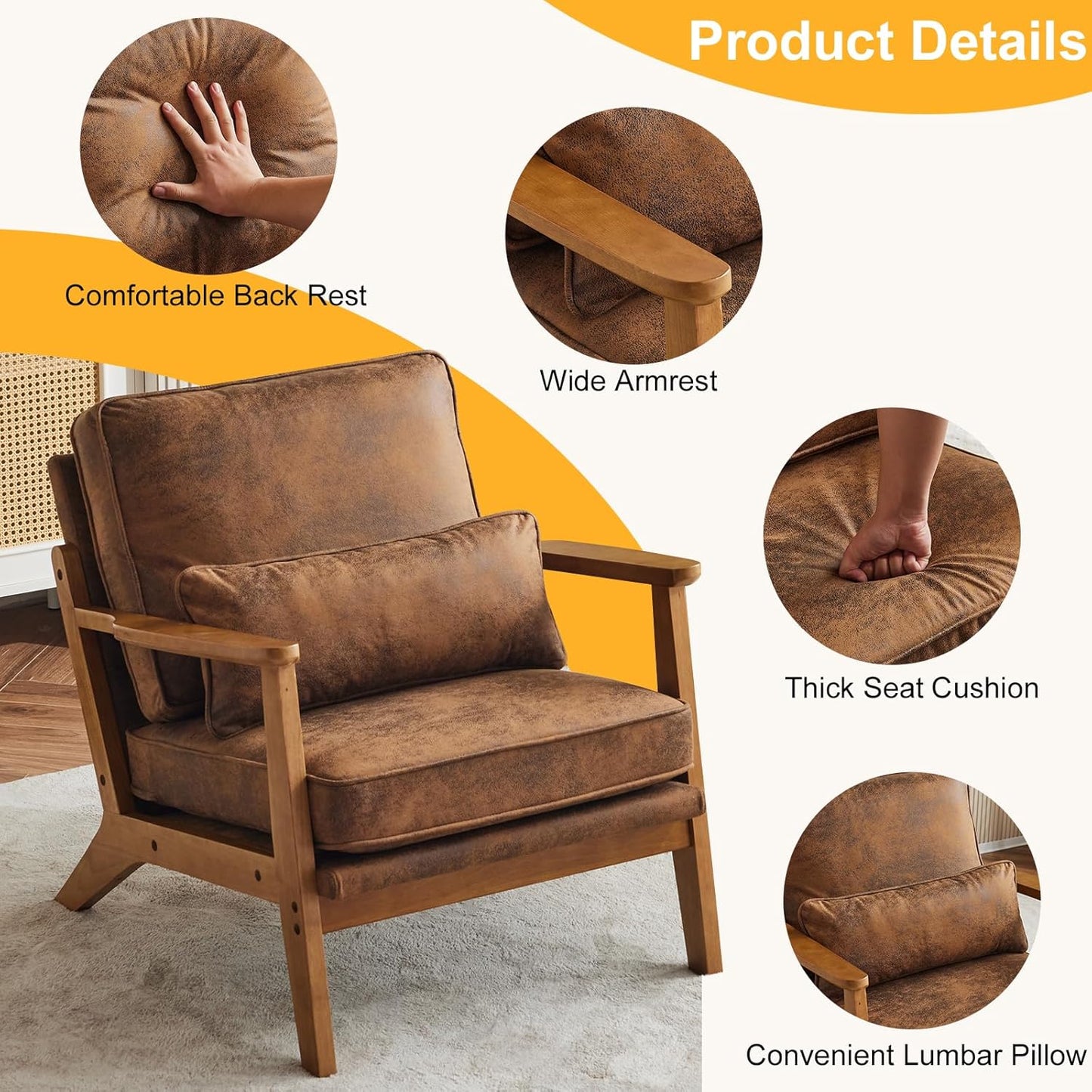 Karl home Accent Chair Wide Armrest Mid-Century Lounge Chair Bronzing Cloth Armchair with Lumbar Pillow & Solid Wood Frame for Living Room, Bedroom, Balcony, Brown