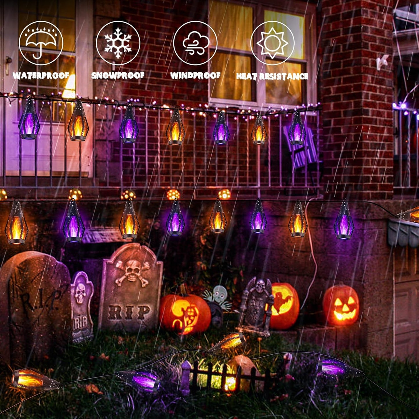 iBaycon Solar Halloween Lights, 27Ft 10 LED Bulbs Flickering Flame String Light, Outdoor Waterproof Solar Flame Lights for Garden Yard Patio Halloween Decorations (Warm White + Purple)
