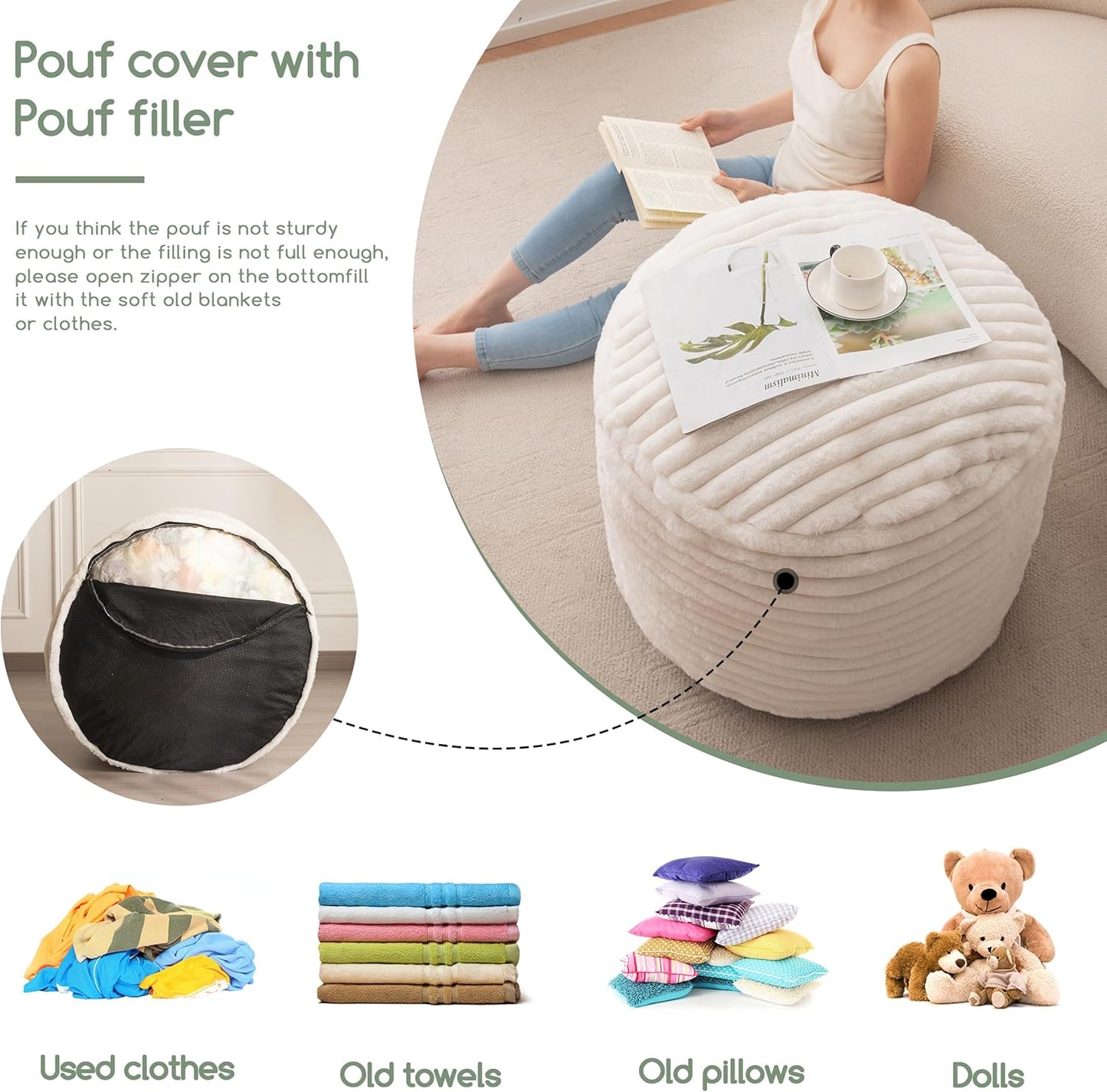 HIGOGOGO Round Stuffed Pouf Ottoman, Stripe Faux Fur Poufs with Foam Chunk Filling, Furry and Fluffy Pouf Foot Stool Storage Ottoman, 26 X 18 Floor Poufs Foot Rest for Living Room, Beige